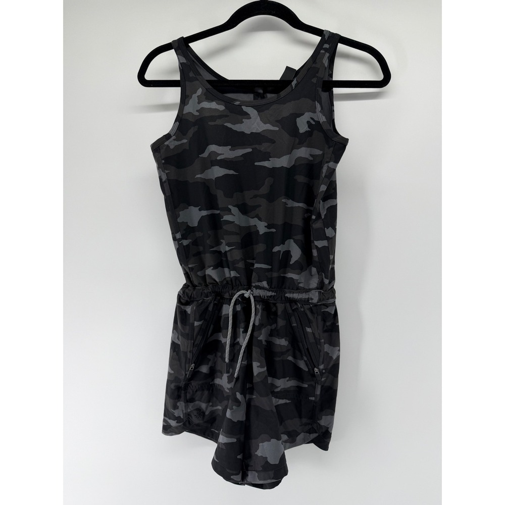Athleta Girl Camo Romper Gray Black Sleeveless Drawstring Waist XL 14‎